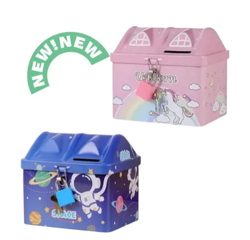 Cute Cartoon Creative Portable Piggy Bank, Money Saving Box with Combination Lock, metal body (Little House)