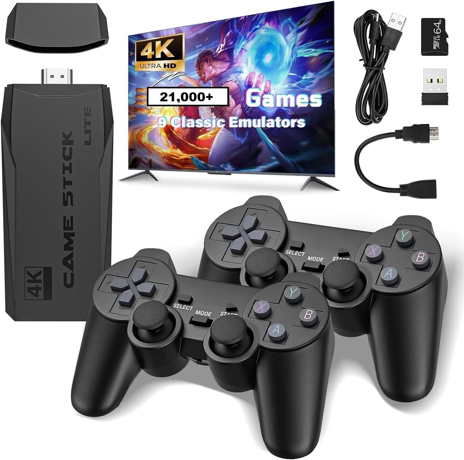RETROGOODS Game Stick Lite 4K HDMI Retro Game Console, 20000+ Classic Games, 2 Wireless Controllers, Plug & Play TV Video Game System