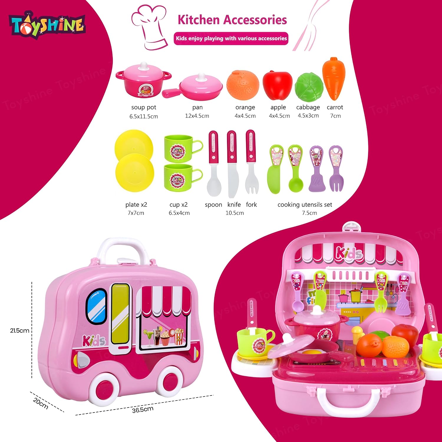 Kids Kitchen Cook Set Toy, Pretend Play Kitchen Set with Cooking Utensils, Pots, Pans, Cups & Food Accessories, Portable Carry Case for Boys and Girls Ages 3+