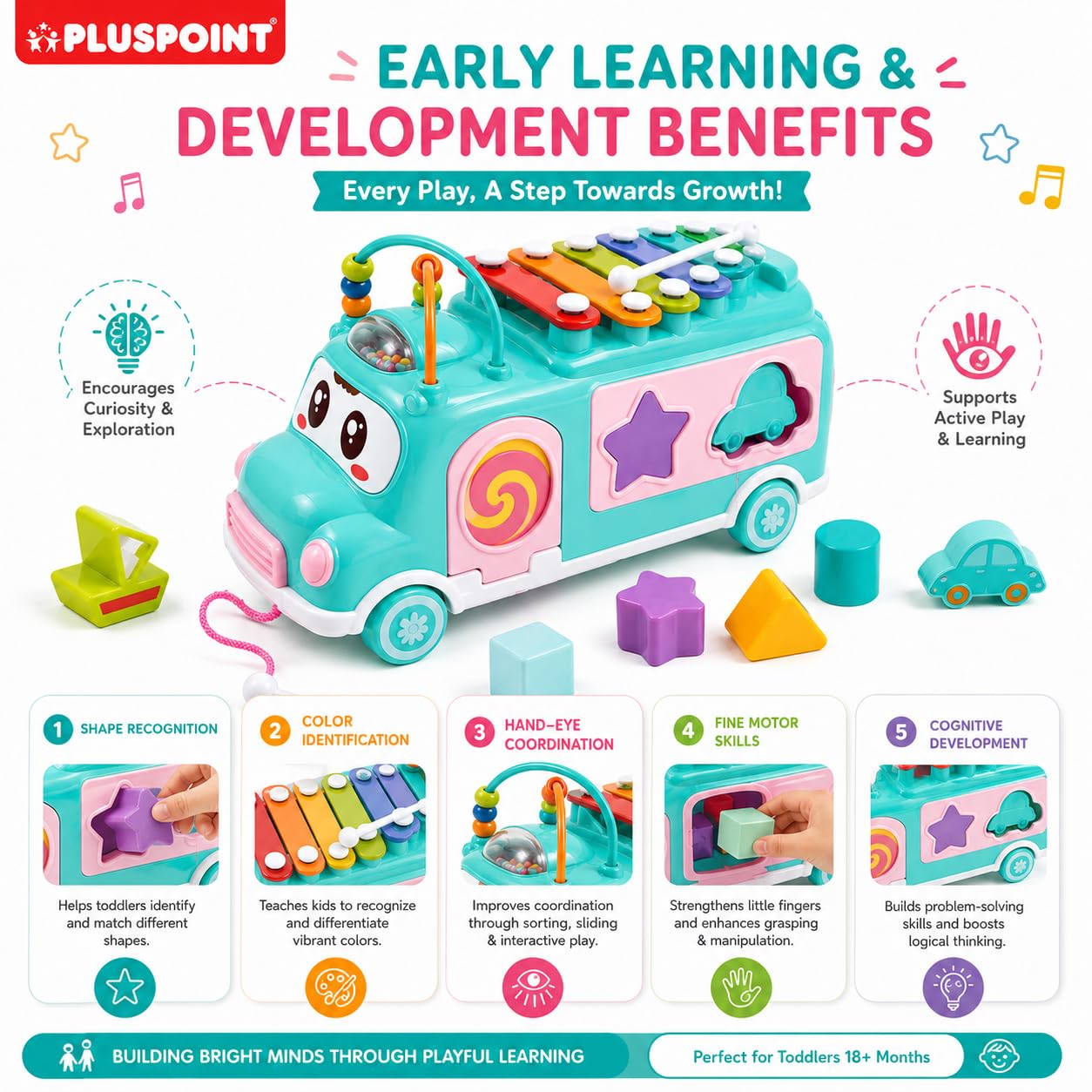 Baby Musical  Xylophone Bus Toy, Early Learning Shape Sorter & Piano Activity Toy with Colorful Keys, Beads and Percussion Features for Toddlers 18+ Months