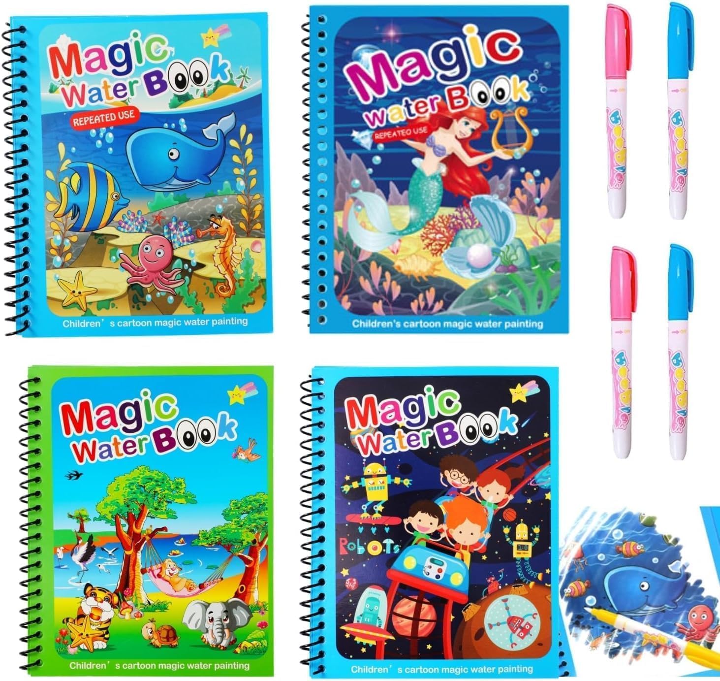 Reusable Magic Water Painting Book for Kids | No-Mess Aqua Doodle Coloring & Drawing Book with Water Pen | Refillable Water Coloring Activity Book for Toddlers & Children