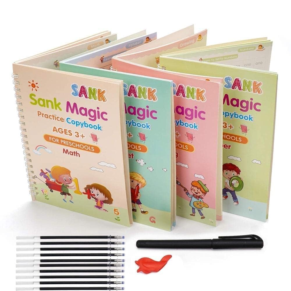 Magic Reusable Writing Practice Books for Kids | 4-in-1 Handwriting, Letter & Number Tracing Workbook Set with Magic Pen & Refills | Preschool Learning Activity Books