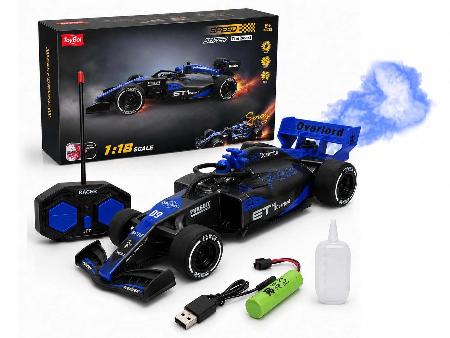 1:18 Scale RC Drift Racing Car for Kids | 2.4GHz Remote Control Formula Racing Car with Drift, Spray Mist & LED Light Effects | USB Rechargeable Stunt Racing Toy