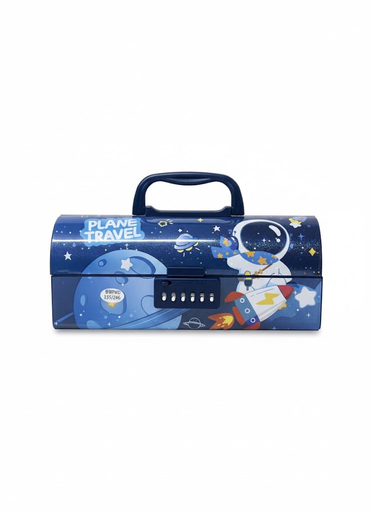 Kids Portable Metal Storage Box with Combination Lock, Space & Rocket Printed Carry Case with Handle for Stationery, Toys, Art & Craft Supplies