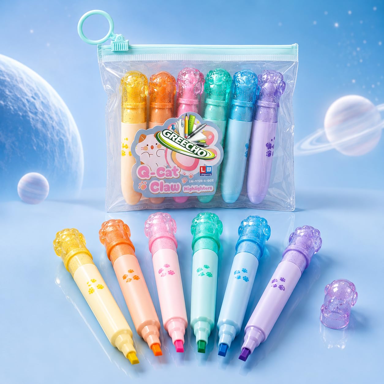 6 Pcs Cat Paw Highlighter Pen Set with Transparent Pouch, Cute Mini Pastel Highlighters for School, Office, Notes, Study & Drawing
