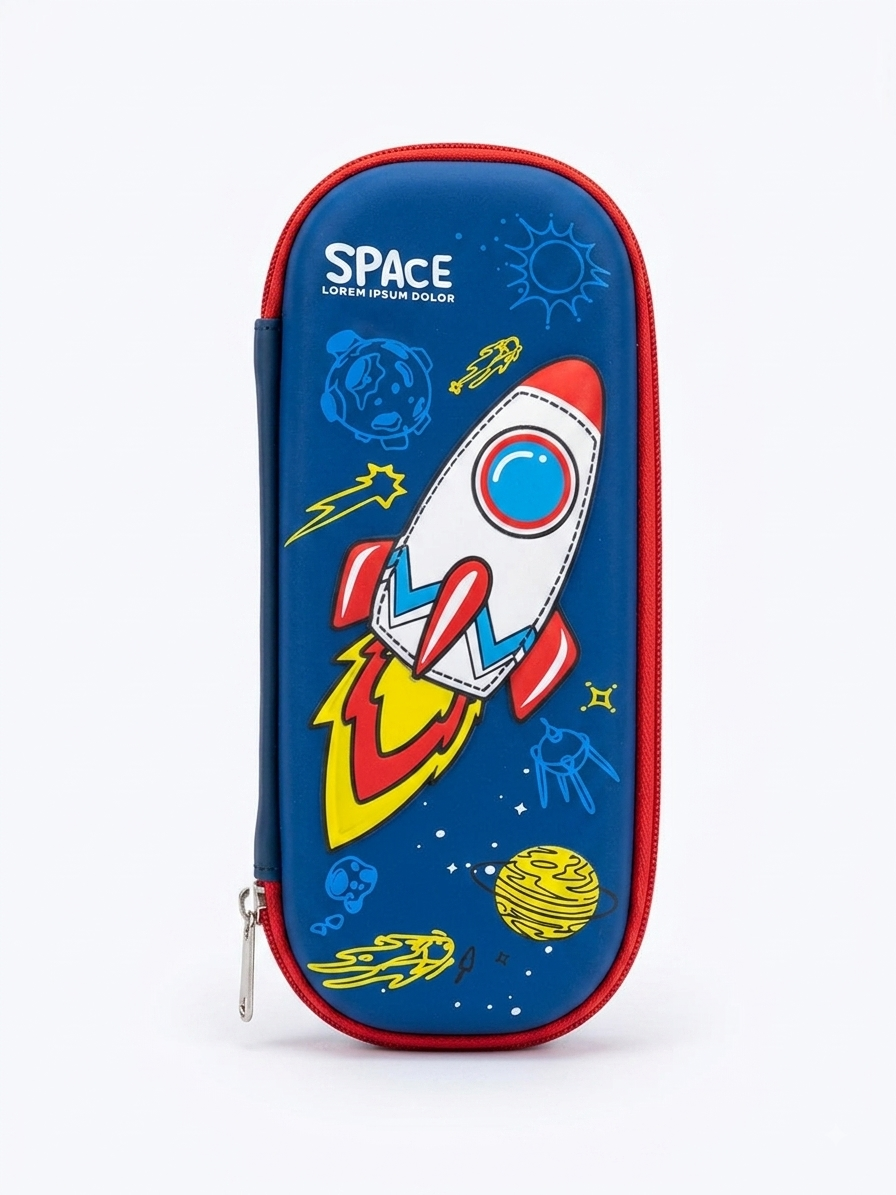 Space Rocket Printed Pencil Case for Kids | Zipper Stationery Organizer & Pen Pouch