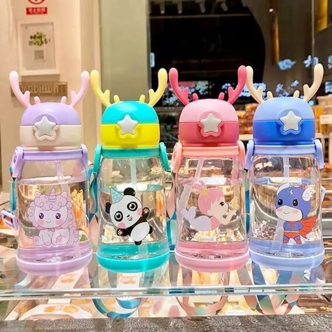 Kids Cartoon Water Bottle 600 ML with Strap, Cute Portable Drinking Bottle for Boys & Girls, Leak-Resistant Reusable Plastic Sipper Bottle for School, Travel & Outdoor Use