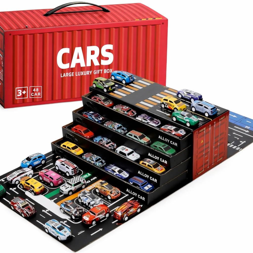 Alloy Toy Car Storage Box with Mini Cars, Portable Vehicle Display Case for Kids