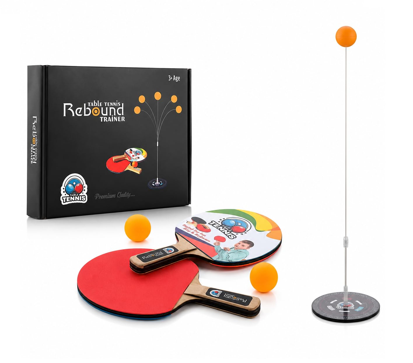 Table Tennis Rebound Trainer Set with 2 Paddles, Balls & Adjustable Practice Stand for Kids and Adults