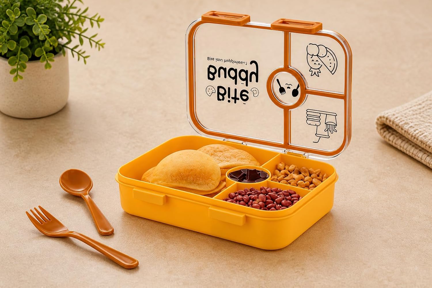 Bite Buddy 4-Compartment Lunch Box – BPA-Free Kids Lunch Box with Flip Lock, Spoon & Fork 🧒🥪✨