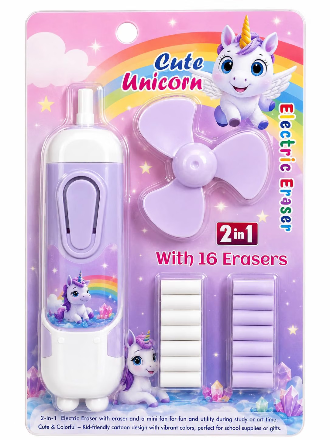 2-in-1 Automatic Eraser & Mini Fan with 16 Erasers | Portable Kids Stationery Gadget