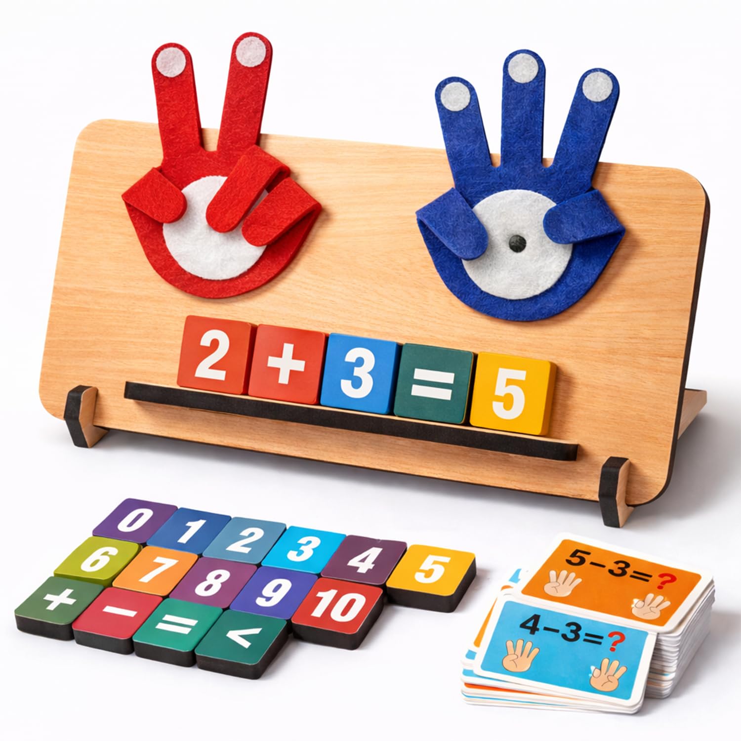 Wooden Montessori Math Learning Board Game for Kids | Number Blocks, Arithmetic Cards & Finger Counting Hands | Educational Toy for Addition & Subtraction