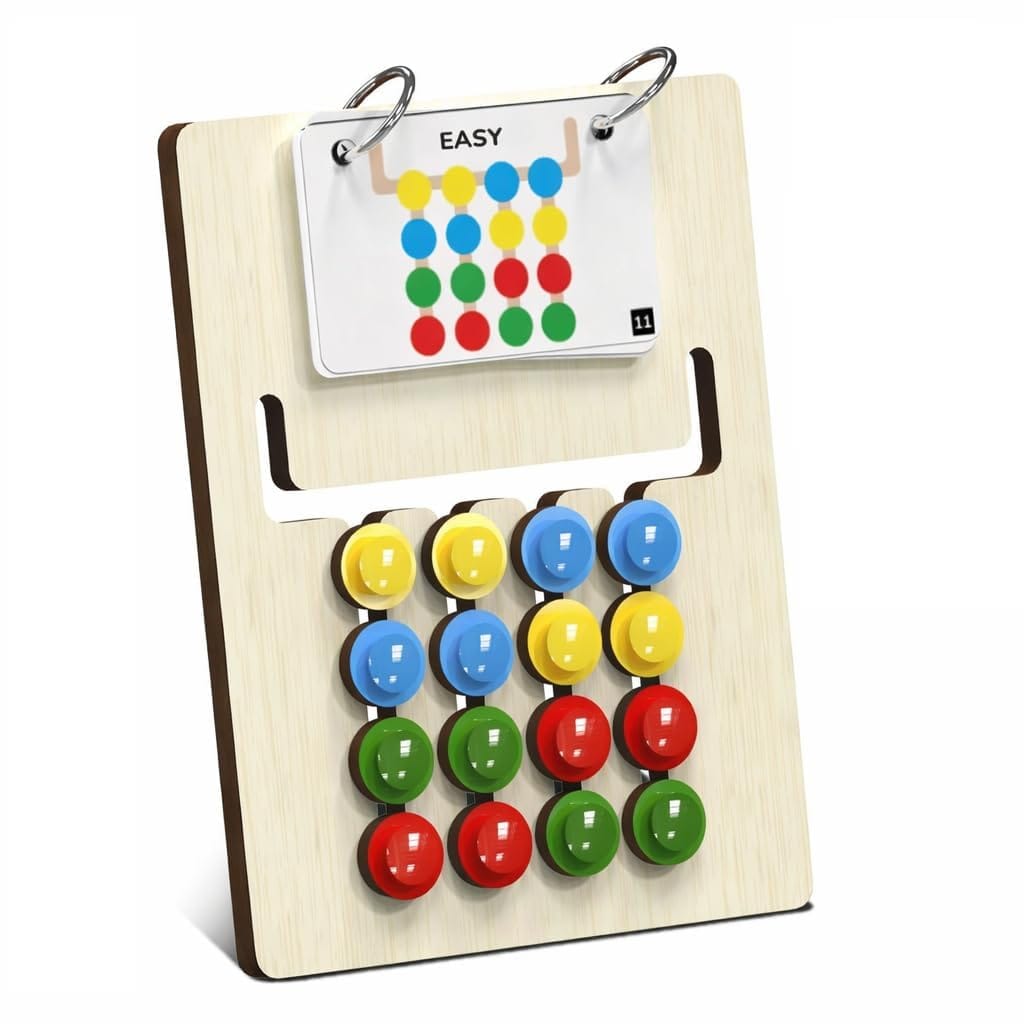 Wooden Colour Matching Puzzle Toy for Kids | Sliding Colour Puzzle & Flip-Ring Challenge Cards